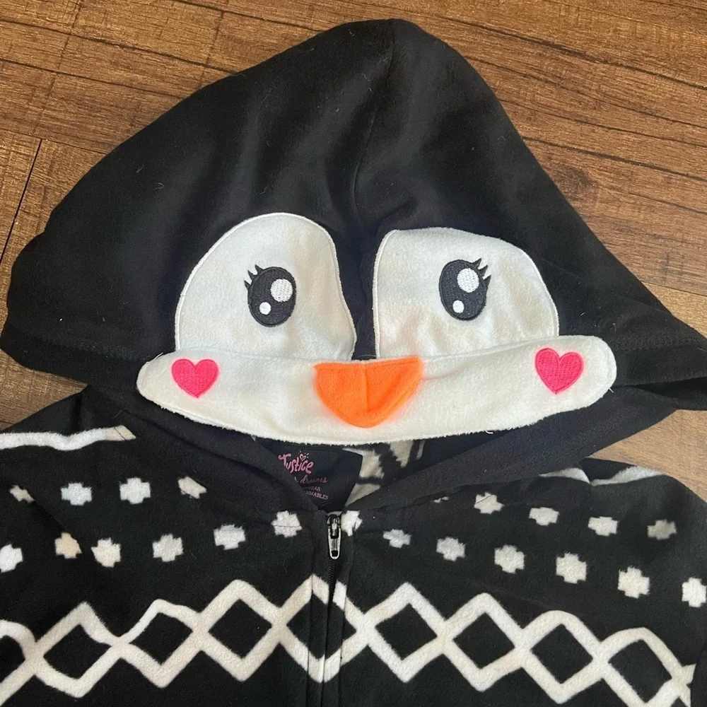 Justice girls one piece penguin hooded pajamas Sz 20 thumbholes